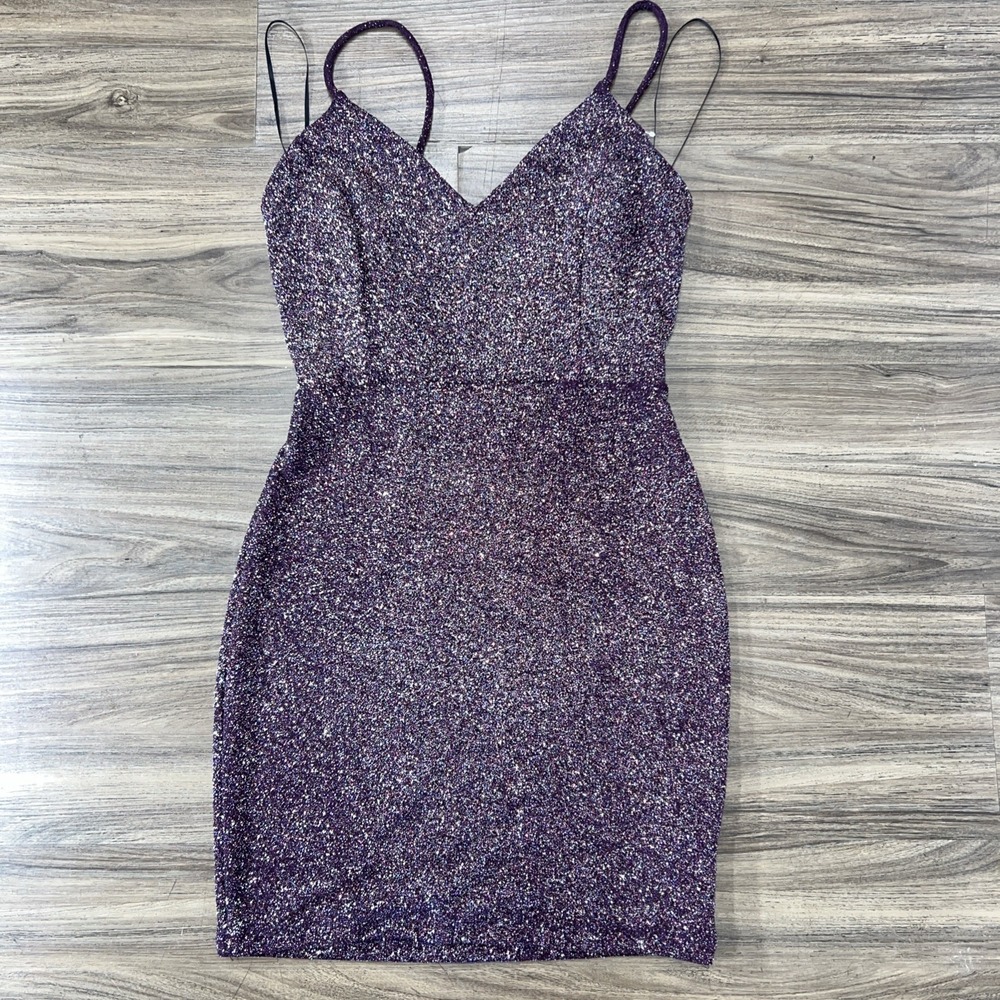 Purple Glitter Party Club Dress Mini Bodycon Sz S Sparkly